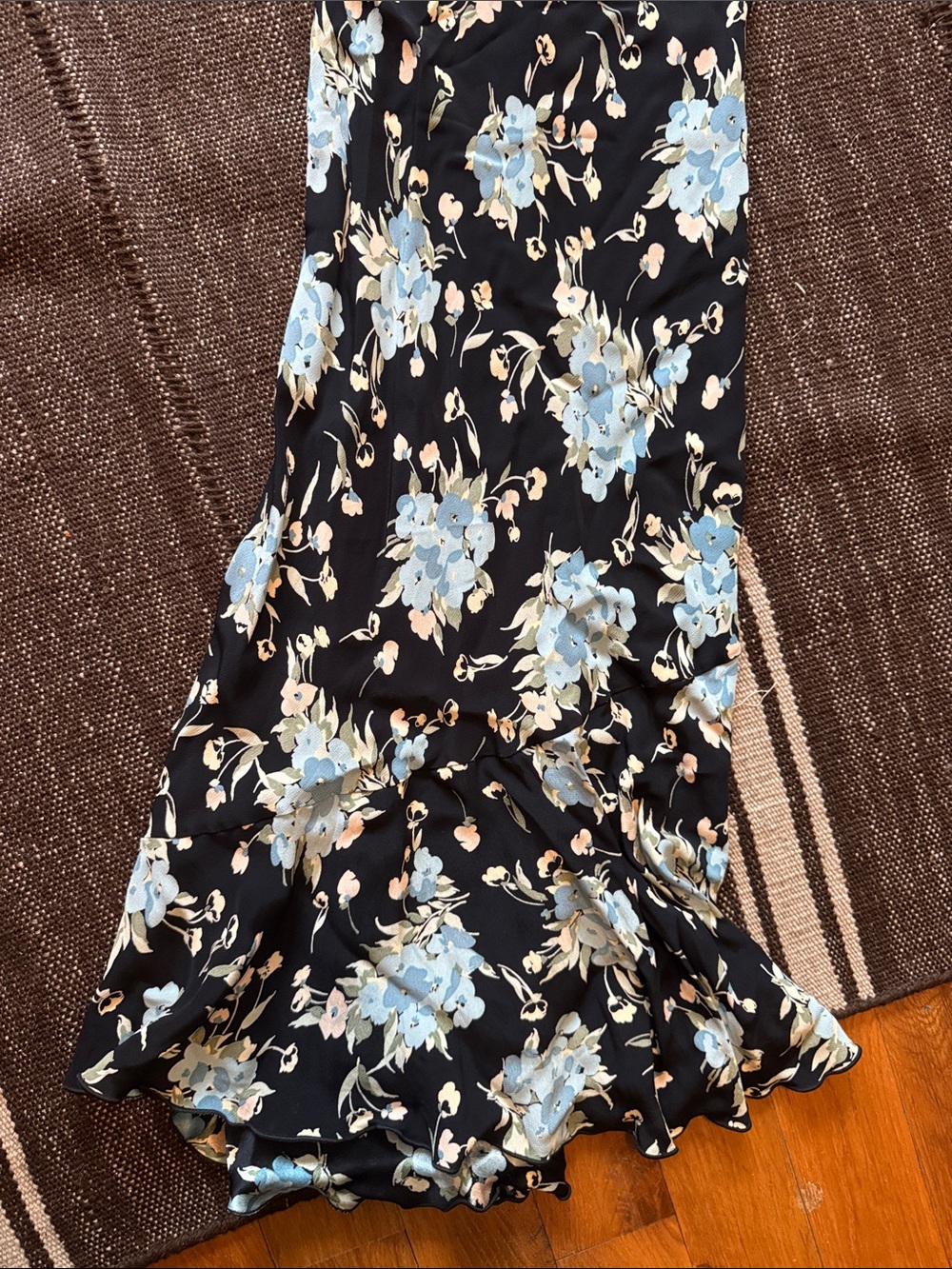 VINTAGE Floral Black Maxi Slip Dress with Light Blue Blooms - Picture 6 of 7